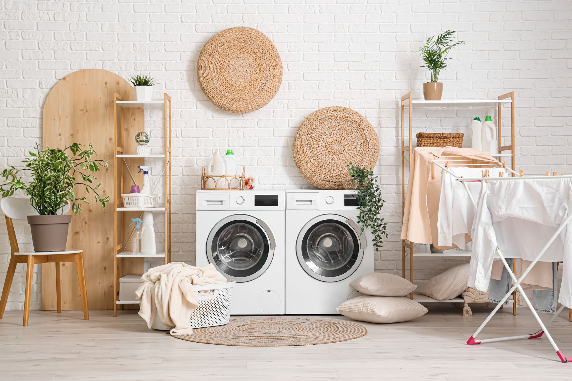 Laundry room with white appliances, wooden shelving, and drying rack — Fast Tech Appliance Repairs in Newcastle, NSW