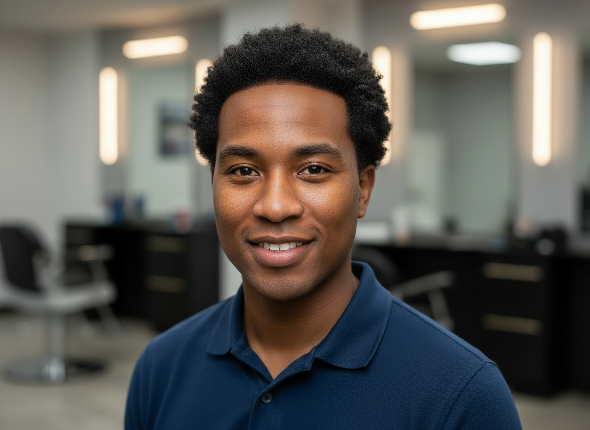 Man getting a haircut at a salon; barber uses clippers on side of head.