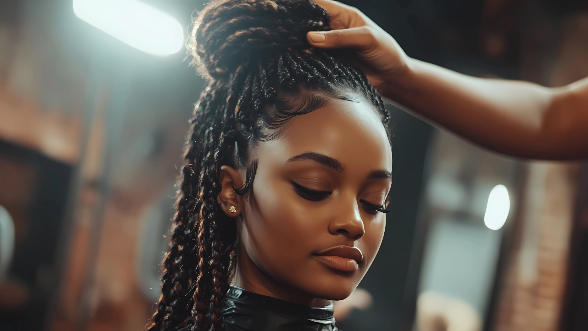 Hair styling tools and products on beige fabric.