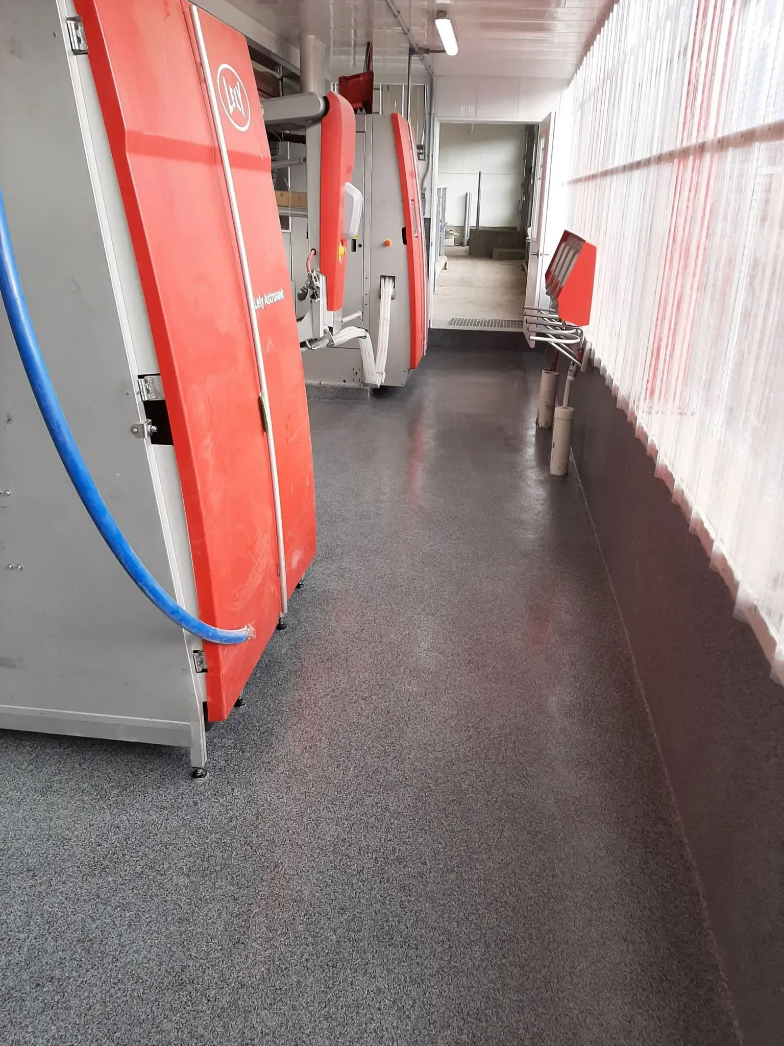 Milking parlor with red and white milking stations and a gray speckled floor.