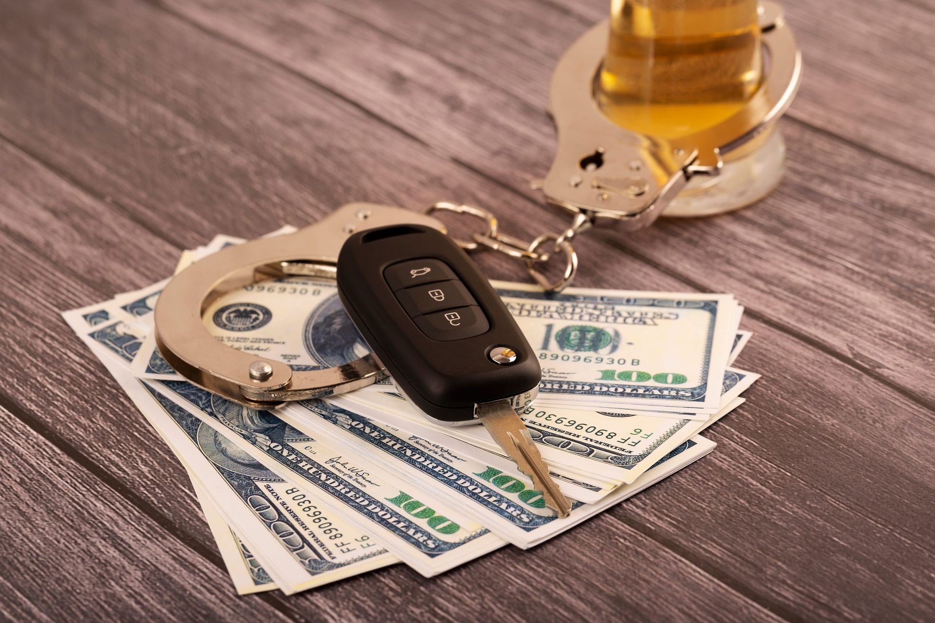 Car keys, a key fob, and cash laid out beside a beer mug on a wooden table