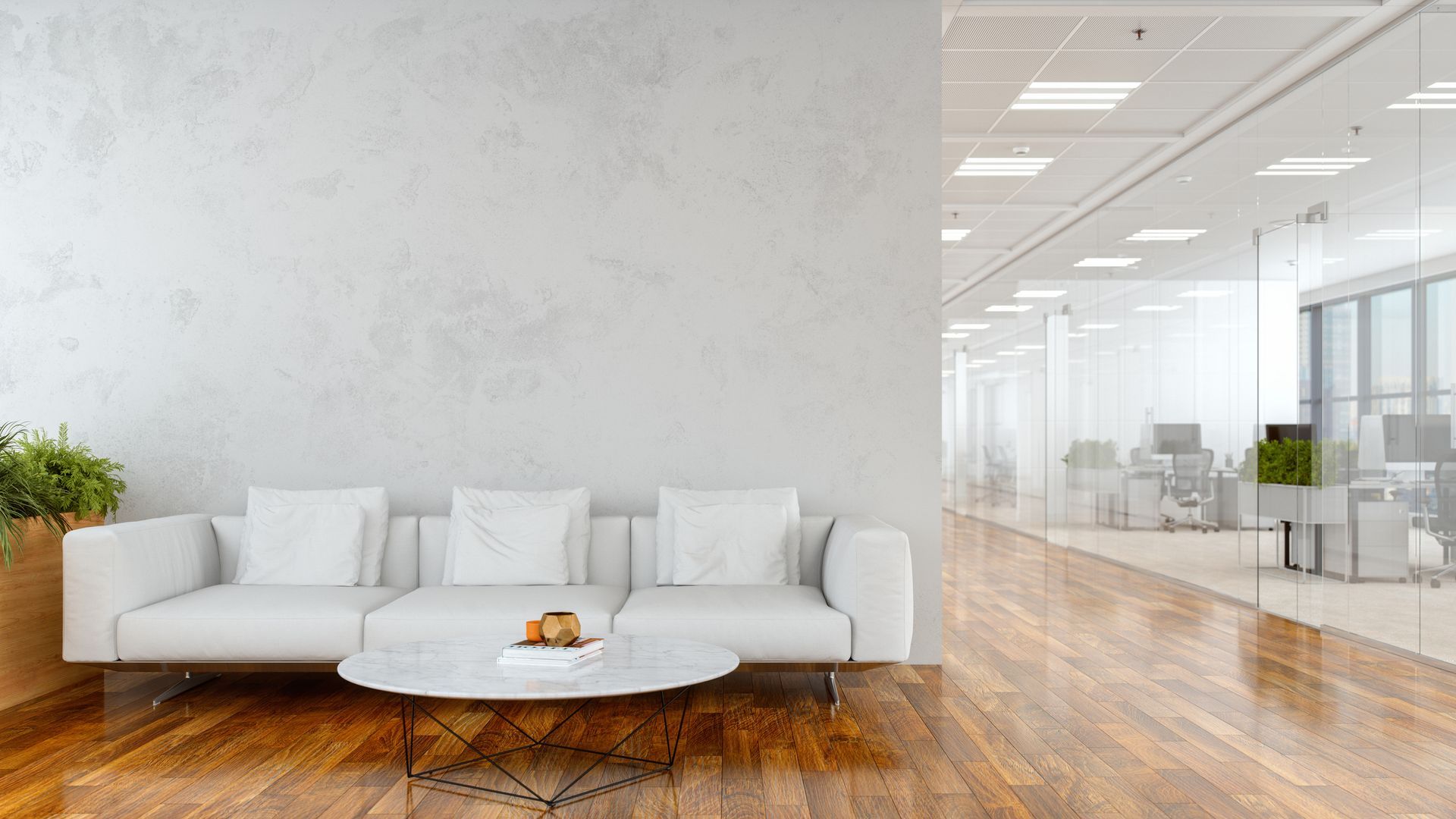 Bright commercial workspace featuring sleek hardwood flooring and minimalist design.