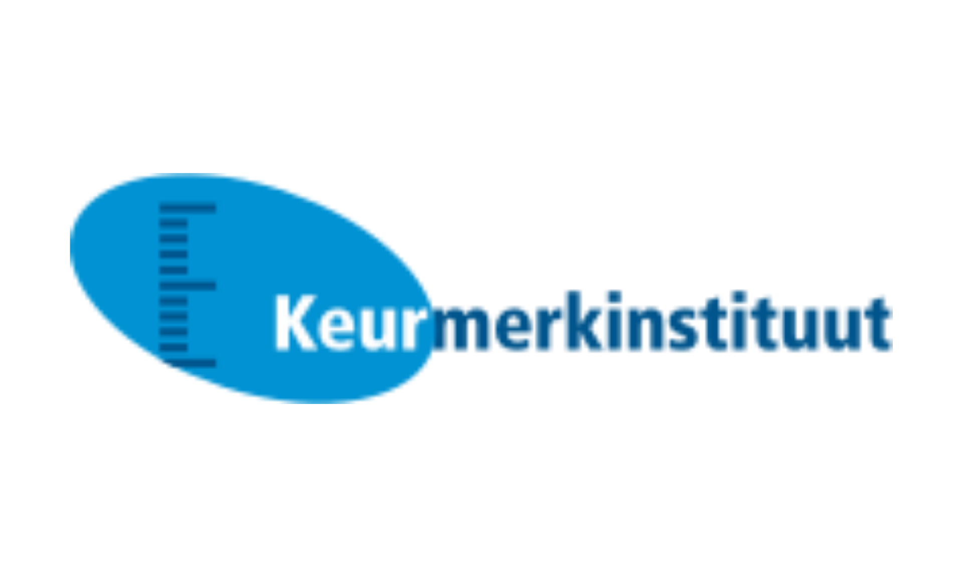 Blauw ovaal logo met een verticale lijn van korte streepjes en de tekst 