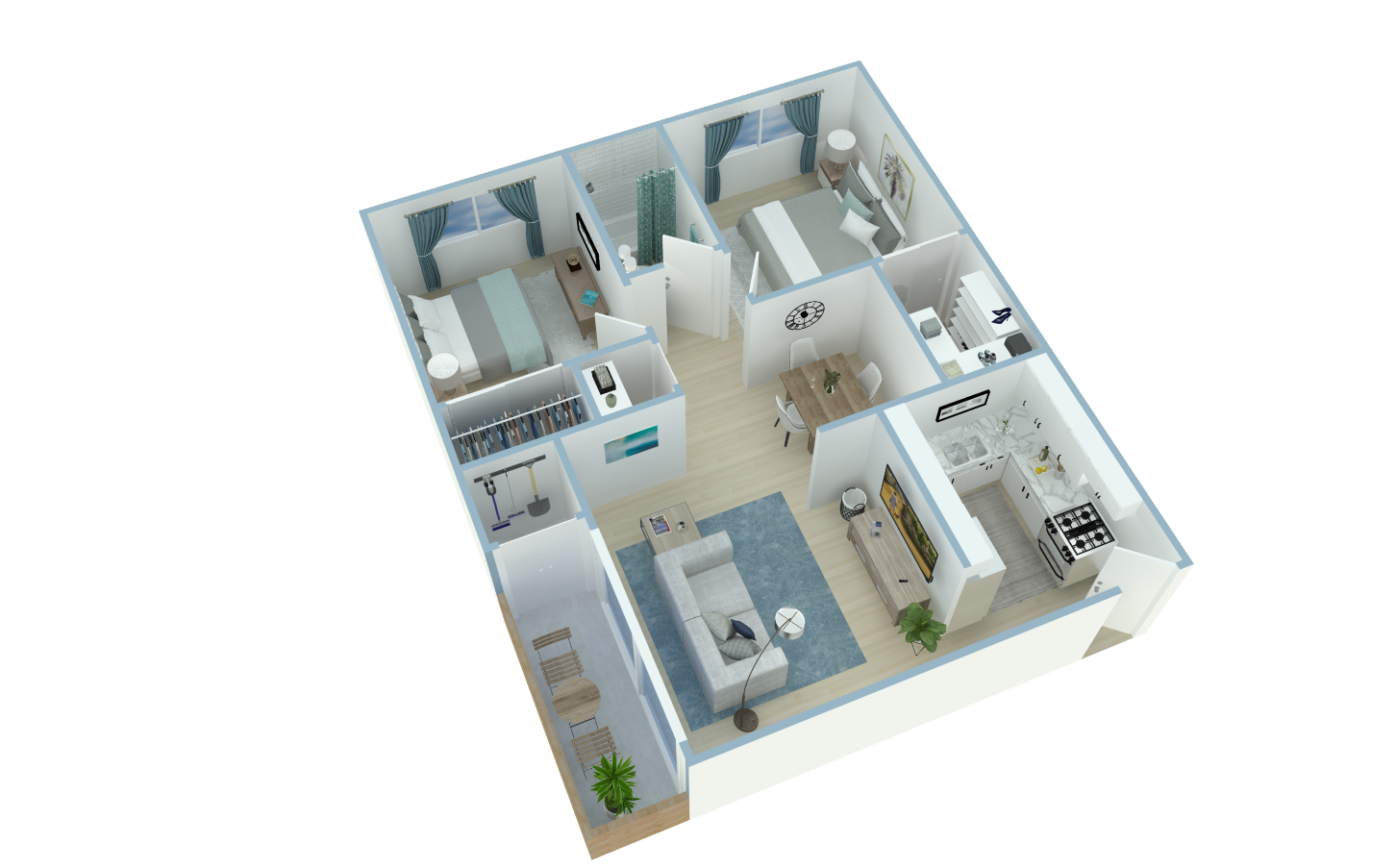 3D floor plan of an apartment with two bedrooms, a living room, and a kitchen.