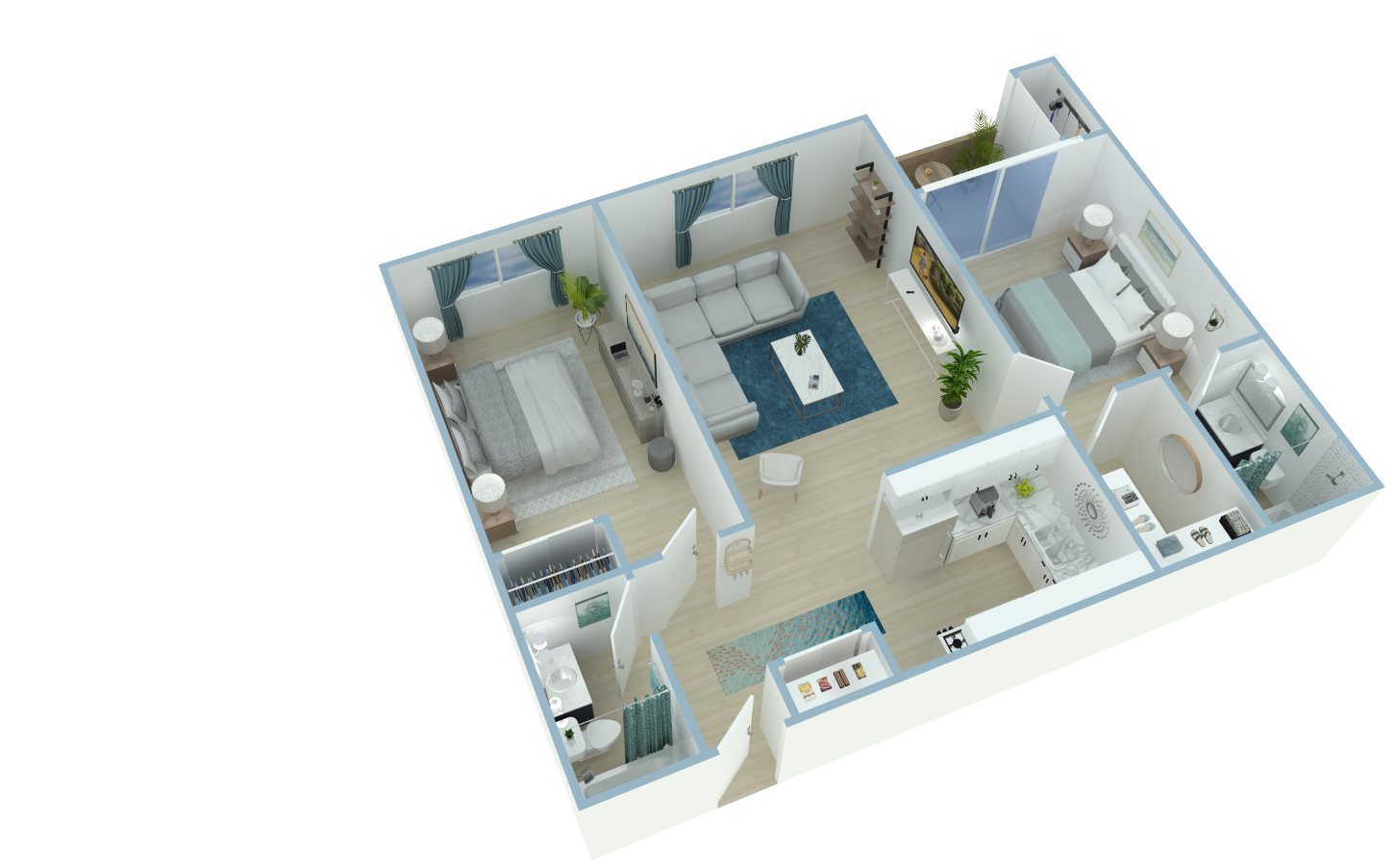 3D rendering of a furnished two-bedroom apartment with a living area and kitchen.