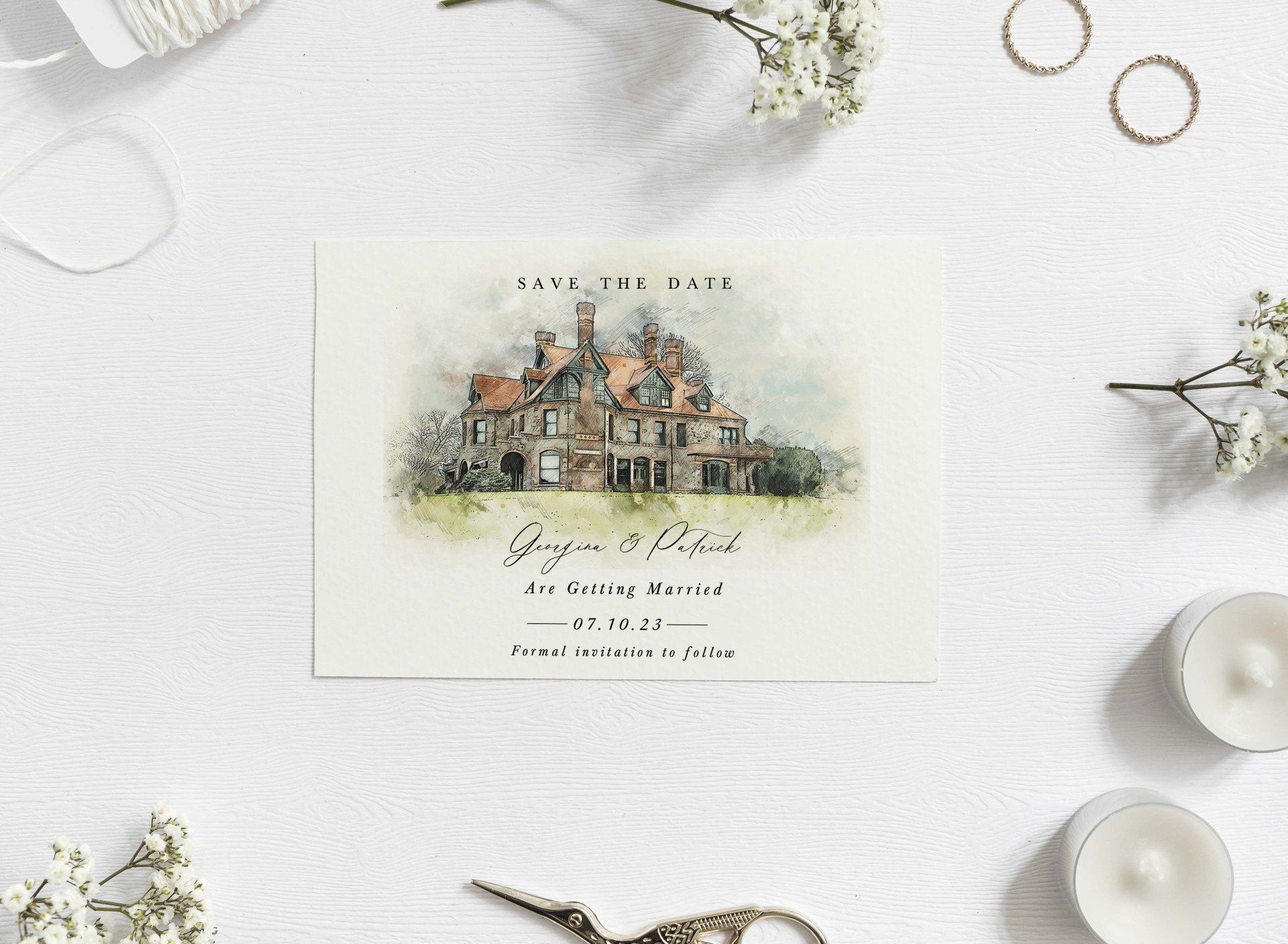 A wedding invitation with a picture of a house on it.