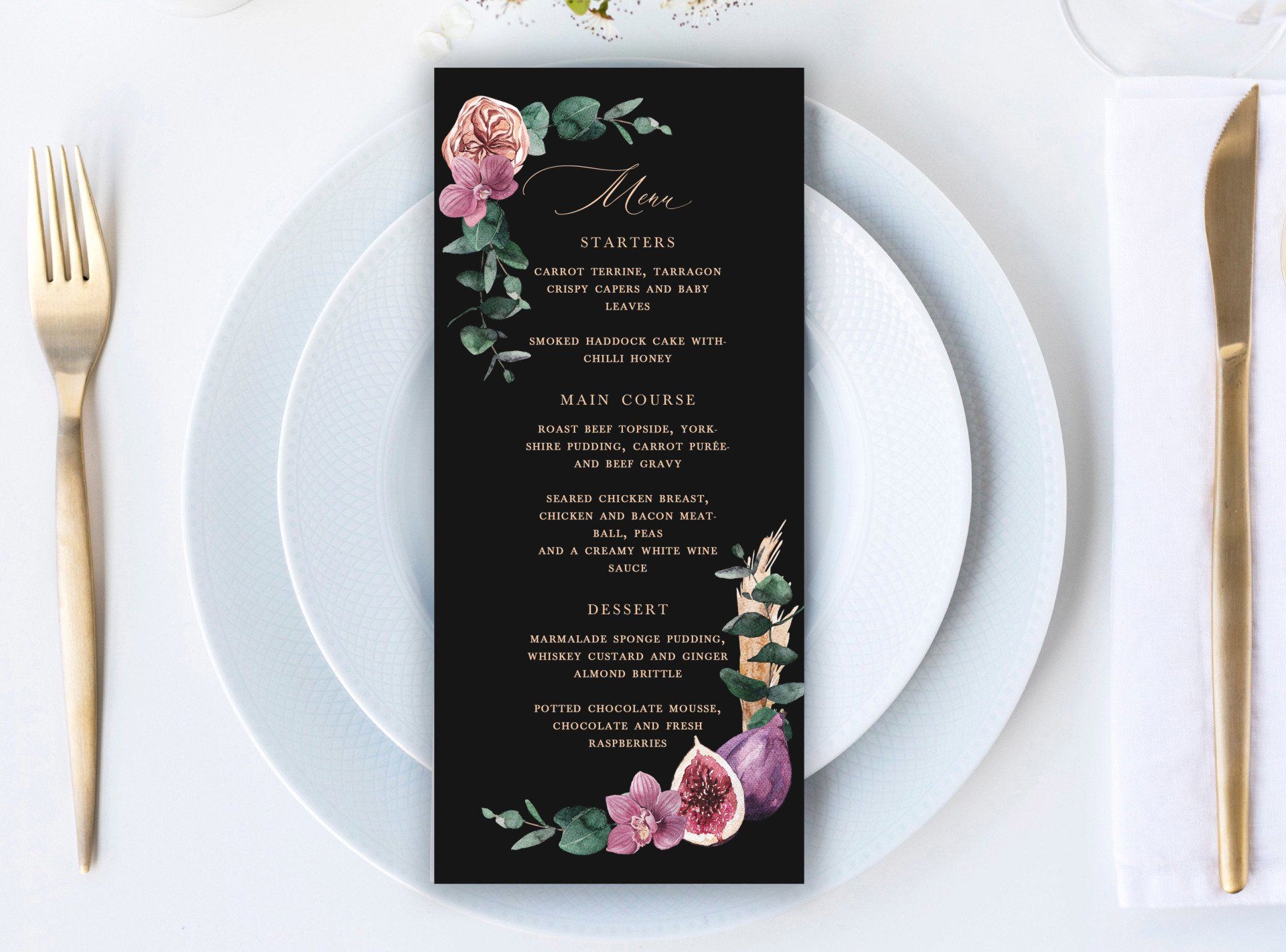 A white plate with a black menu on it