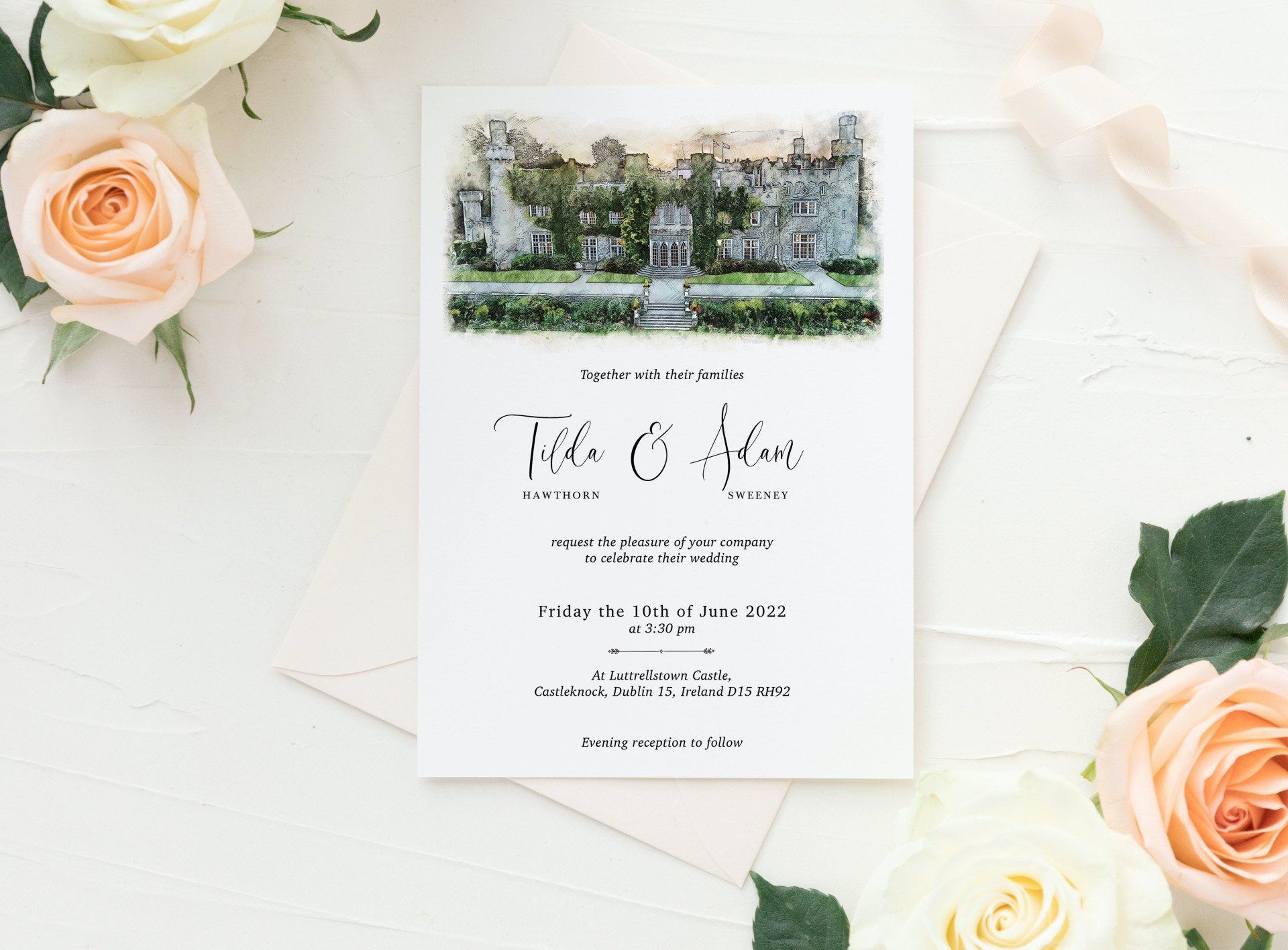 A wedding invitation with a picture of a castle on it is surrounded by roses.