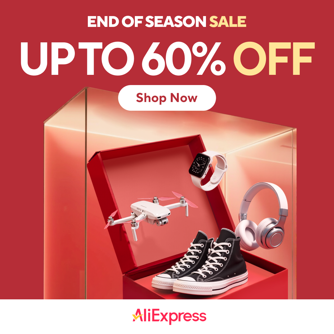 Ali Express a red box contains a drone , headphones , and a watch.