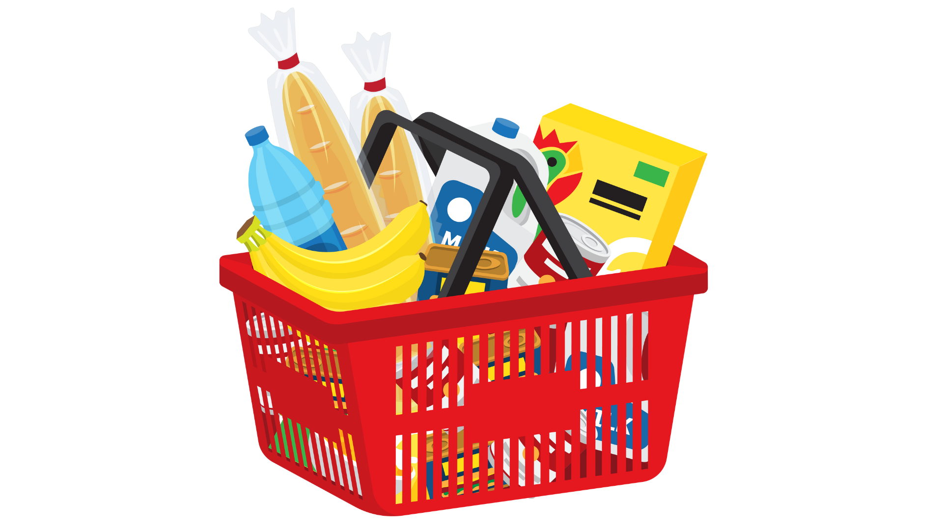 A red shopping basket filled with groceries and a banana featuring grocery coupons