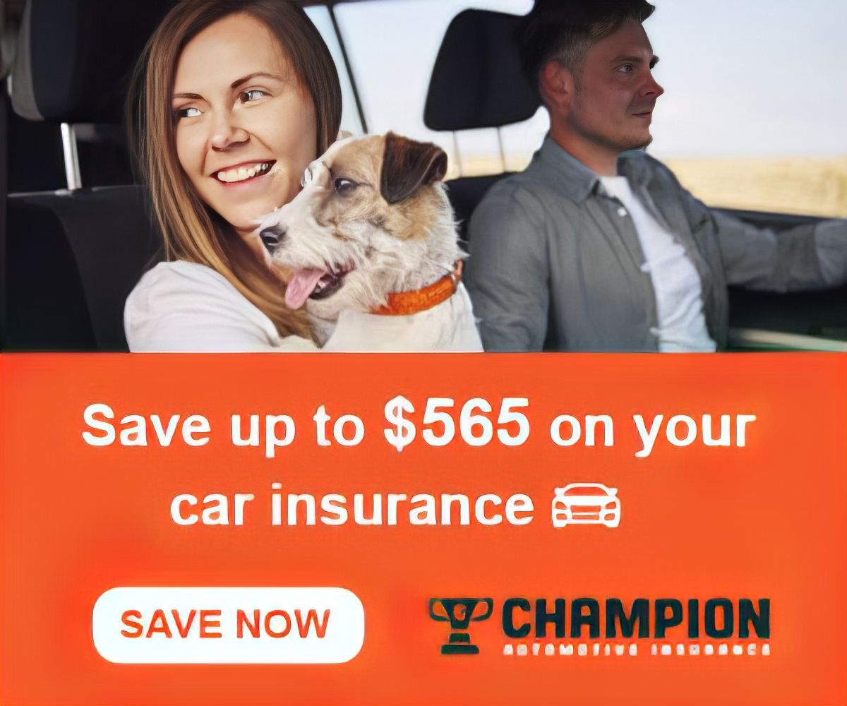 An ad for champion automotive insurance shows a woman holding a dog