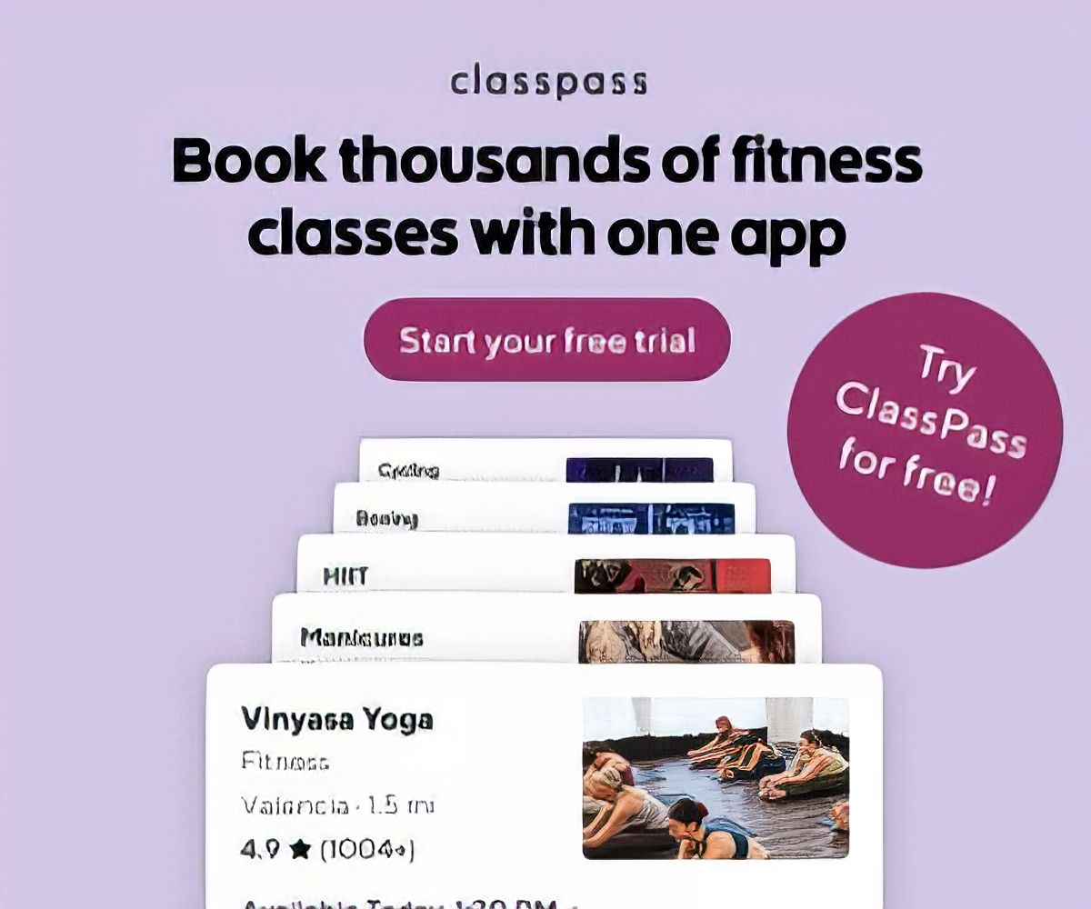 An advertisement for class pass that says book thousands of fitness classes with one app