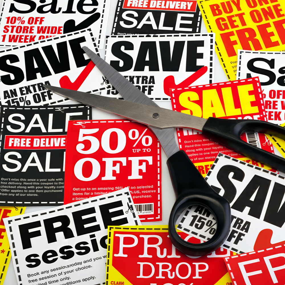 A pair of scissors sitting on top of a pile of sale coupons featuring thousands of online coupons