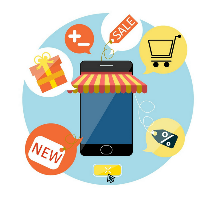 Smartphone with awning, surrounded by shopping icons: gift, sale tag, shopping cart, discount, and a new item label.