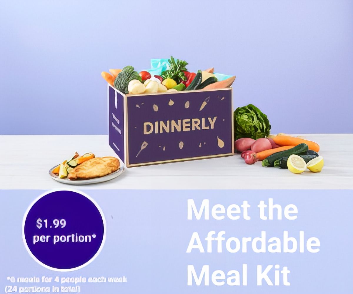Dinnerly meal kit box with fresh vegetables and a prepared meal, promoting affordable meal kits at $1.99 per portion.