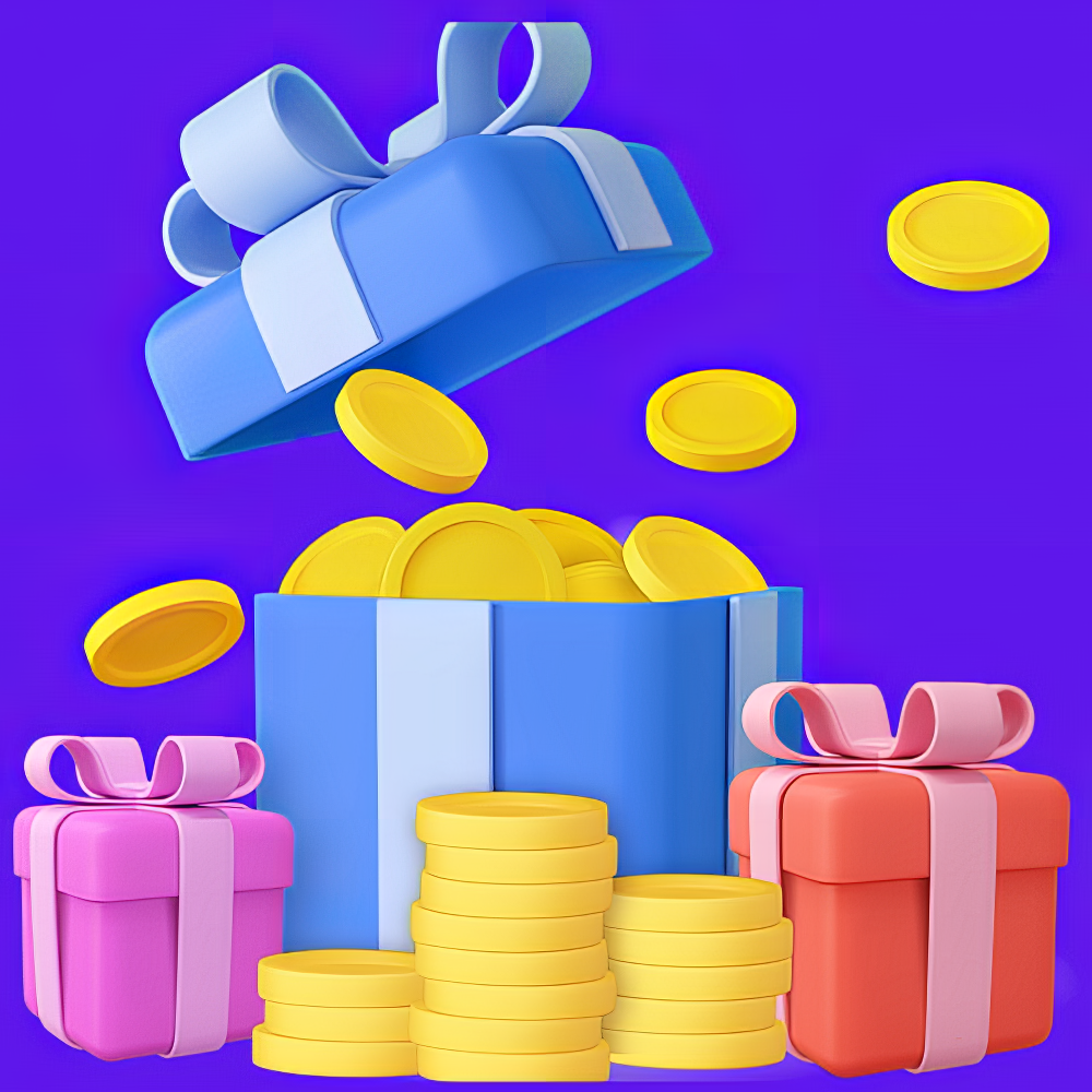 A blue gift box filled with coins and gifts on a purple background featuring earn online rewards for shoppers