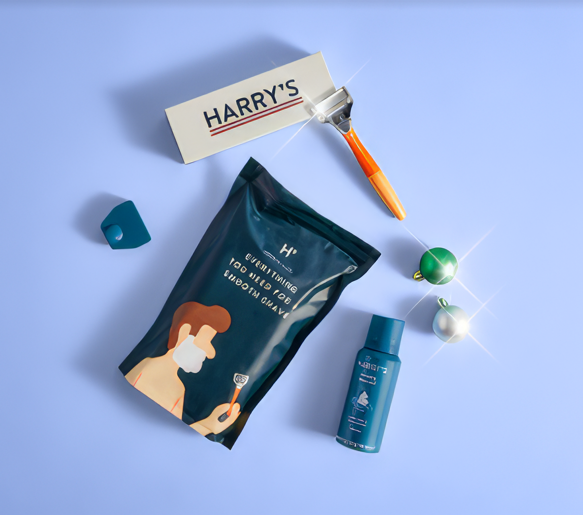 A bag of harry 's shaving soap next to a razor