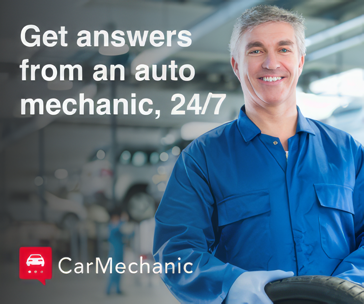 A man in a blue uniform is holding a tire and says get answers from an auto mechanic 24/7