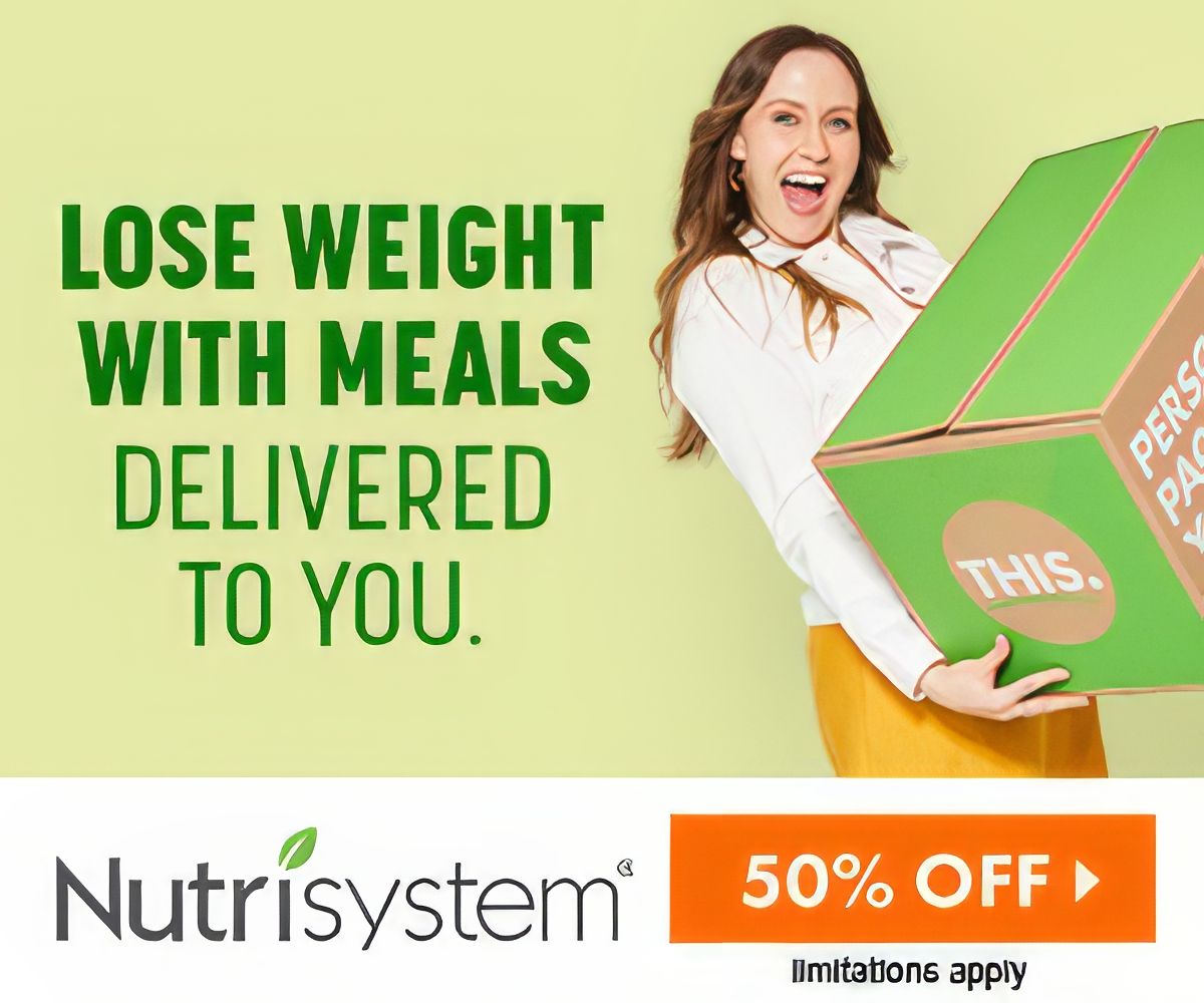A woman is holding a box that says `` lose weight with meals delivered to you ''.