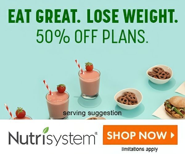 An advertisement for nutrisystem that says eat great lose weight 50 % off plans