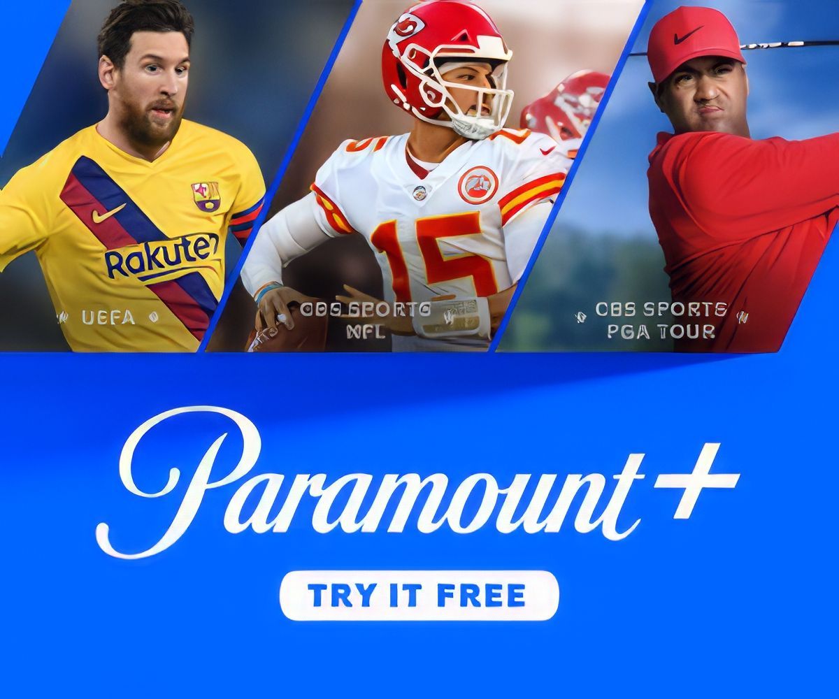 An ad for paramount + shows a football player a golfer and a soccer player