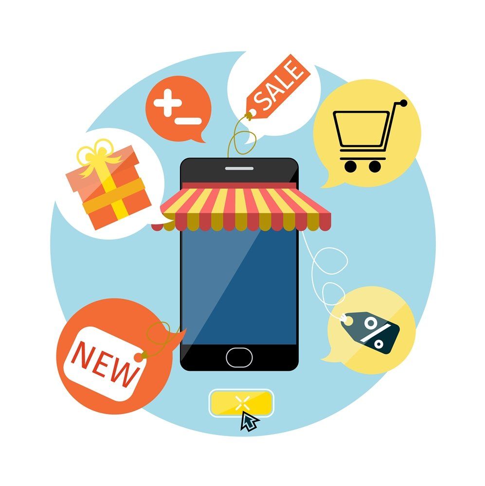 A phone with a striped awning and a daily deals tag on it featuring daily deals olnine