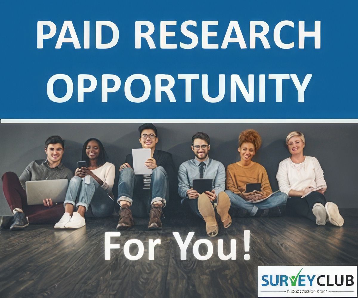 A group of people are sitting on the floor in front of a sign that says paid research opportunity for you