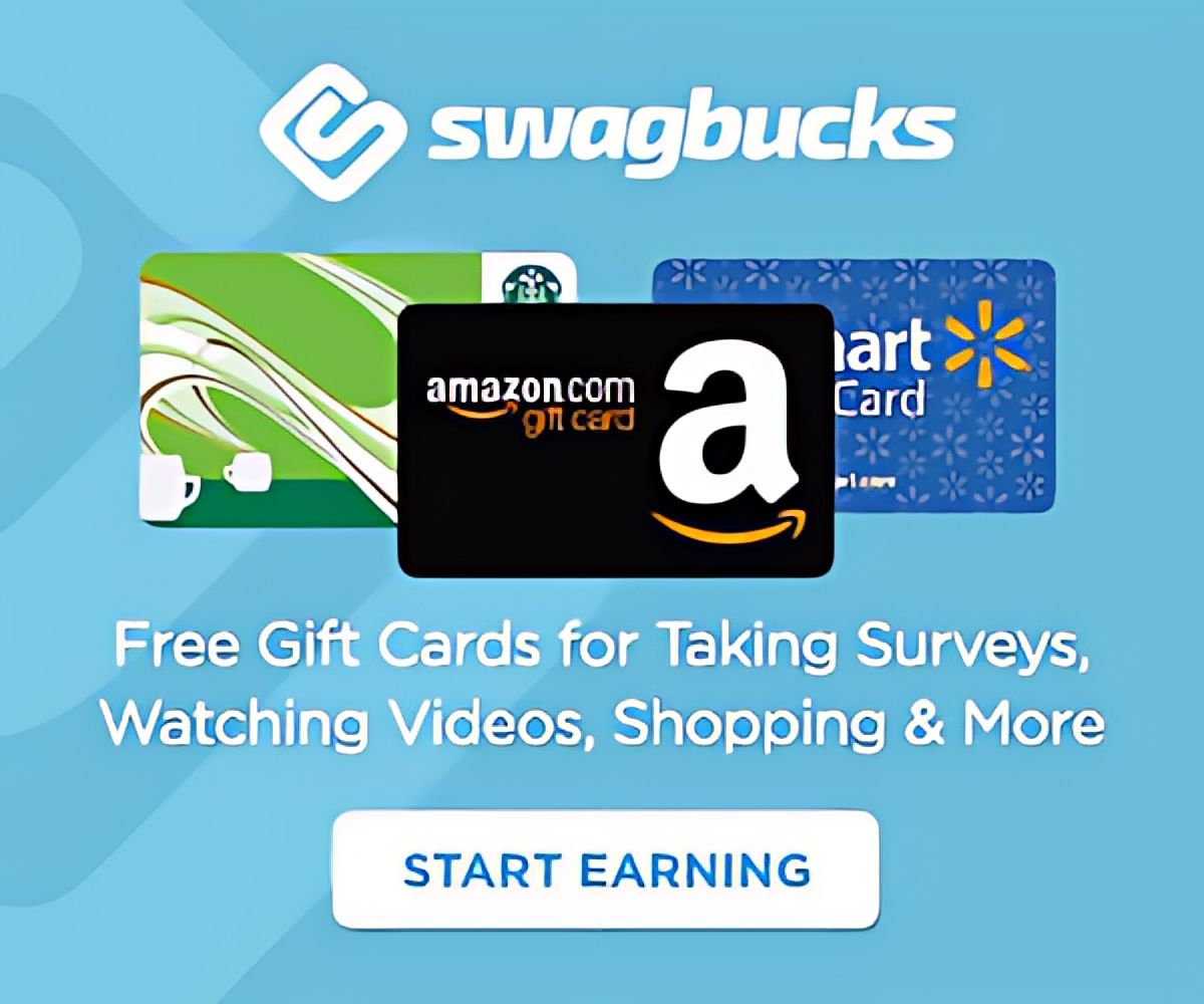 An advertisement for Swagbucks that says free gift cards for taking surveys watching videos shopping and more