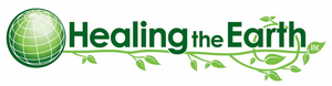 A logo for healing the earth with a green globe and leaves.