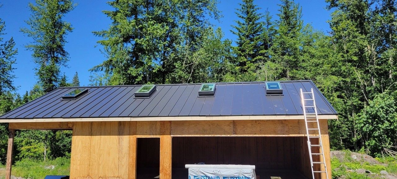 New shed with metal roof and skylights, ladder leaning against it, blue sky and trees in the background.