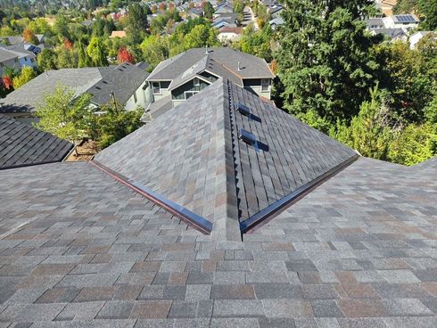Close-up of a house roof with dark gray shingles, with other homes and green trees in the background. Close-up of a house roof with dark gray shingles, with other homes and green trees in the background.