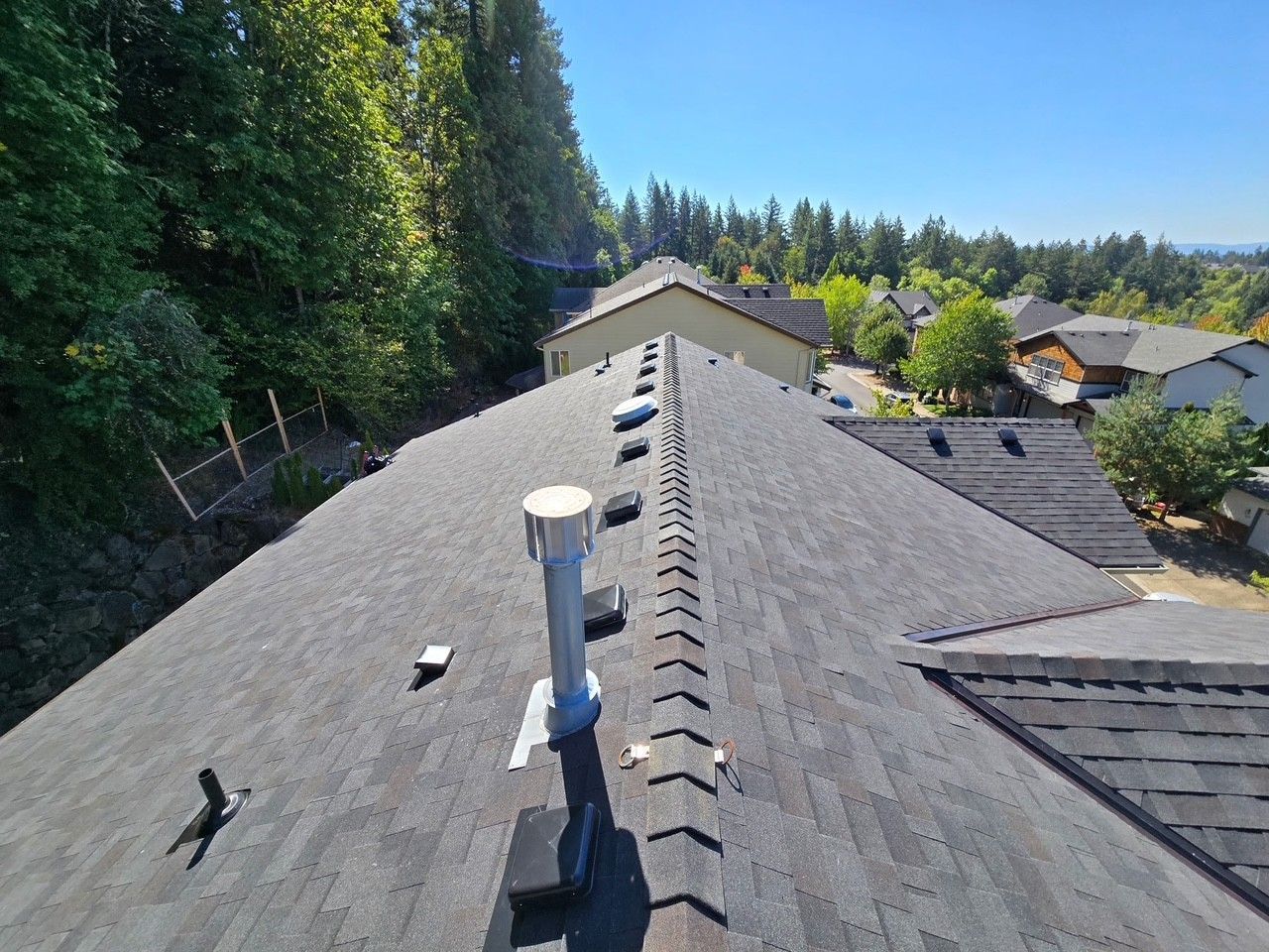 Overhead view of a dark shingle roof with black vents, trees, and houses in the background on a cloudy day.