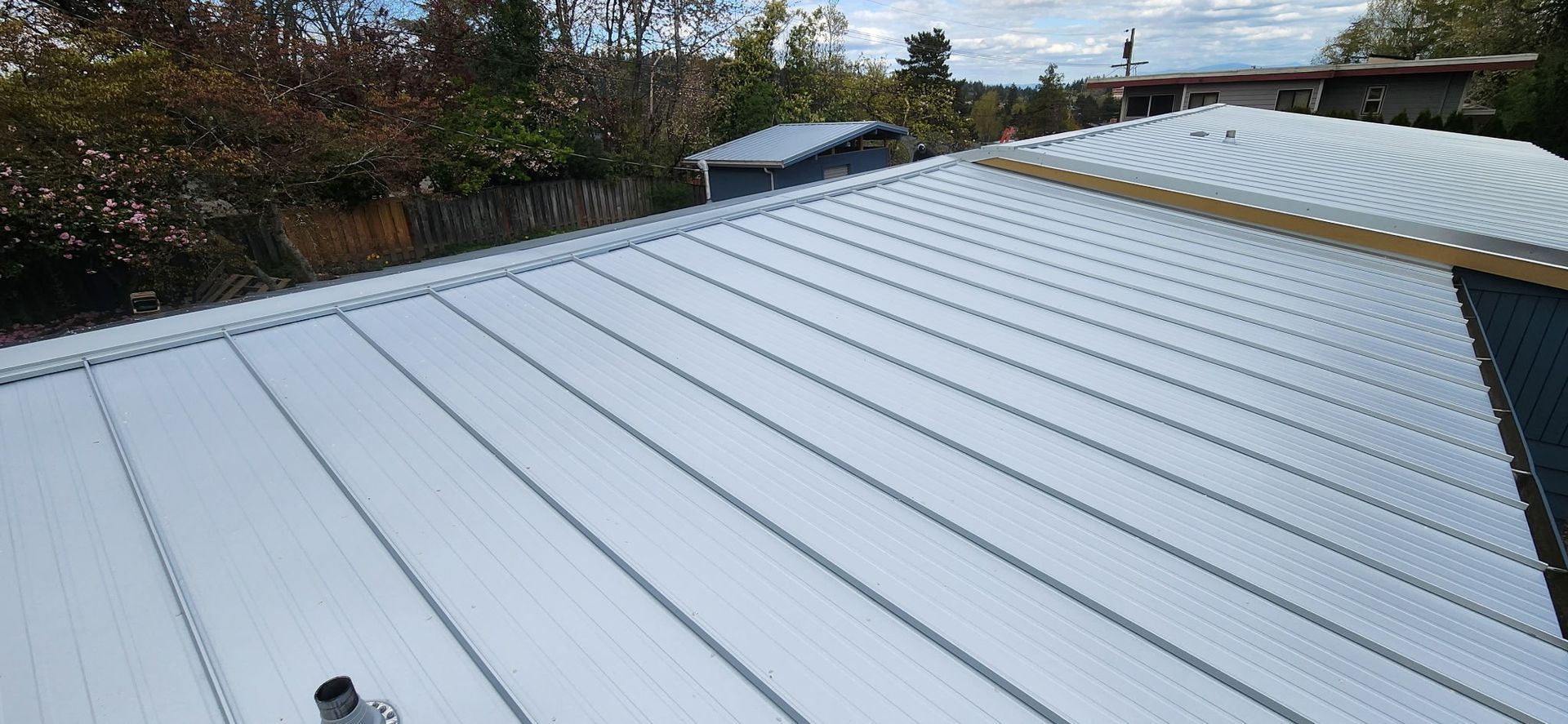 Metal roof with parallel ridges against a backdrop of trees and a cloudy sky.