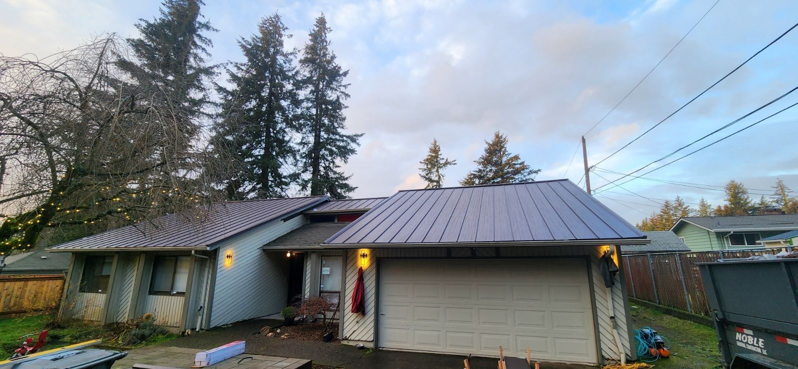 A house with a gray metal roof, with trees and a cloudy sky.