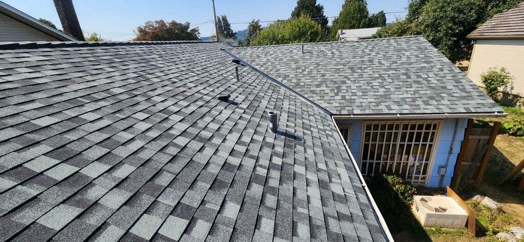 A house with a gray shingle roof and a blue side. Surrounding it are trees and a lawn.