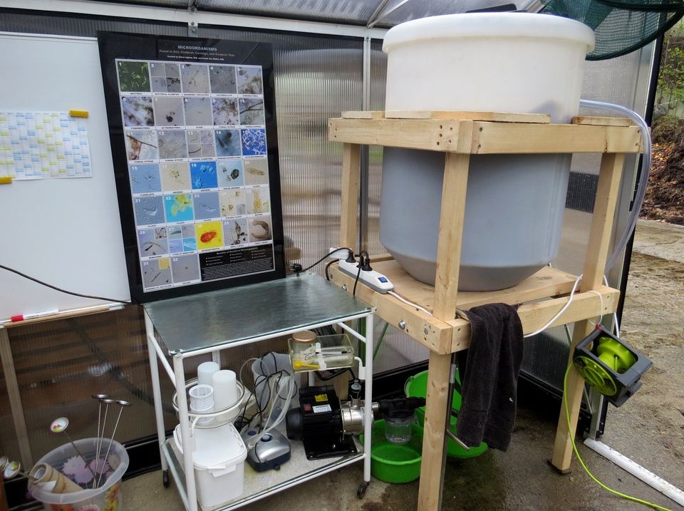 Photograph of compost tea brewing equipment.