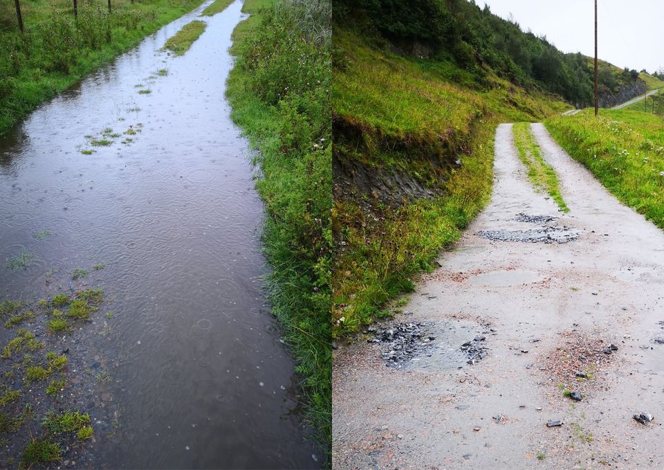 Image of flooded farm road on the left, image of dry farm road on the right.