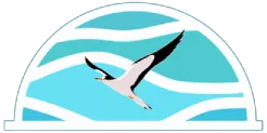 Blue-and-white logo with a flying bird silhouette in front of a striped semicircle