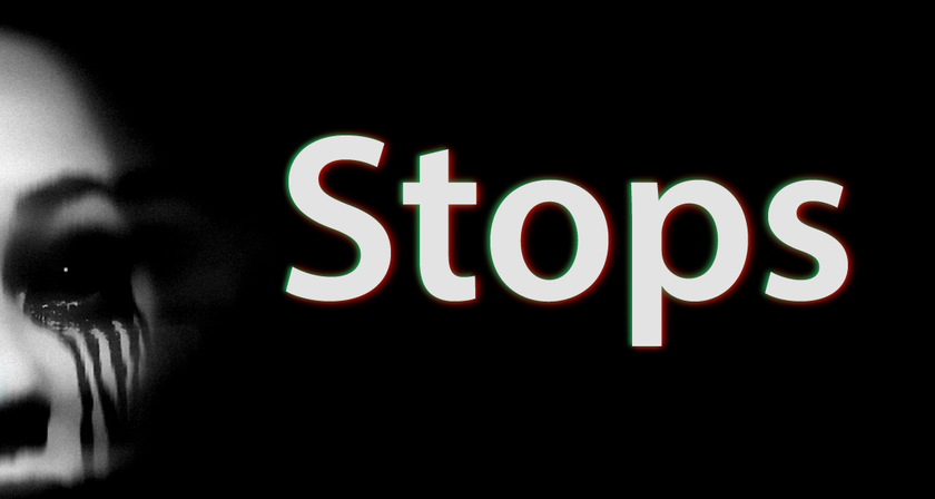 Black and white image of a woman with a black eyeball and black tears with the word Stops written on a black background.