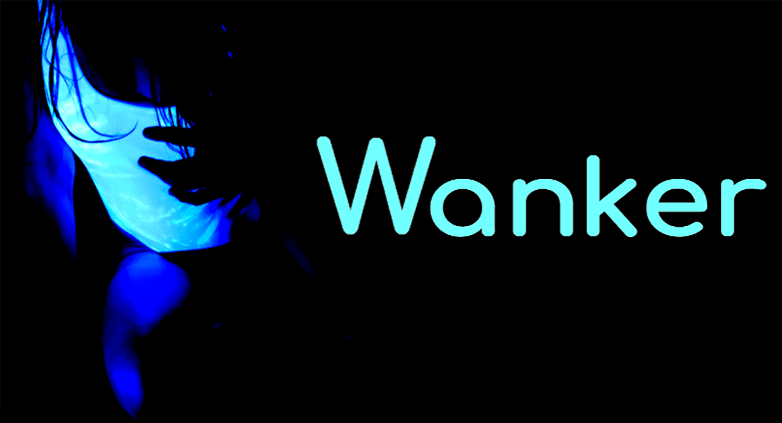 The word 'Wanker' in next to a woman in a white swimsuit under UV light. 