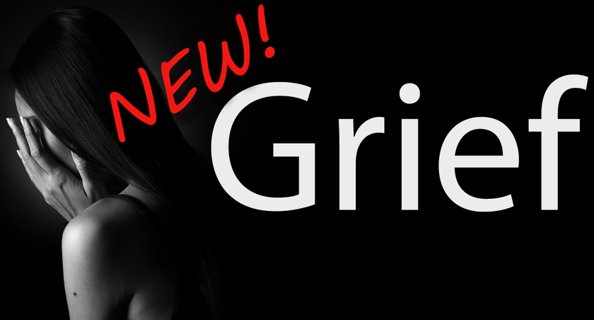 Black and white image of a woman covering her face on a black background with the word 'Grief', in white, next to it.