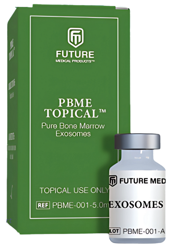 Box and vial of PBME topical exosomes, green and white packaging.