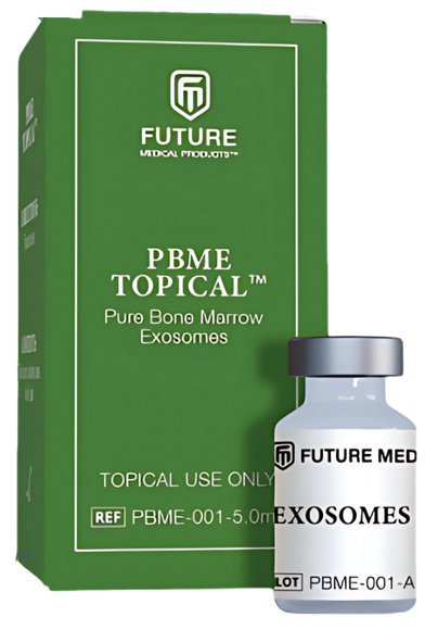 Box and vial of PBME topical exosomes, green and white packaging.