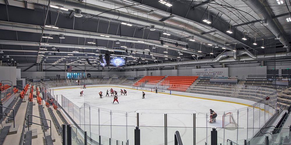 A group of people are playing ice hockey in a stadium.