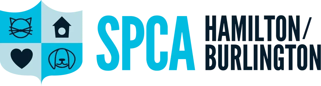 Logo of SPCA Hamilton/Burlington. A blue shield with animal icons next to 