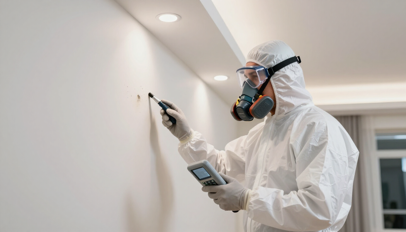 Professional mold remediation specialist inspecting a wall for hidden growth.