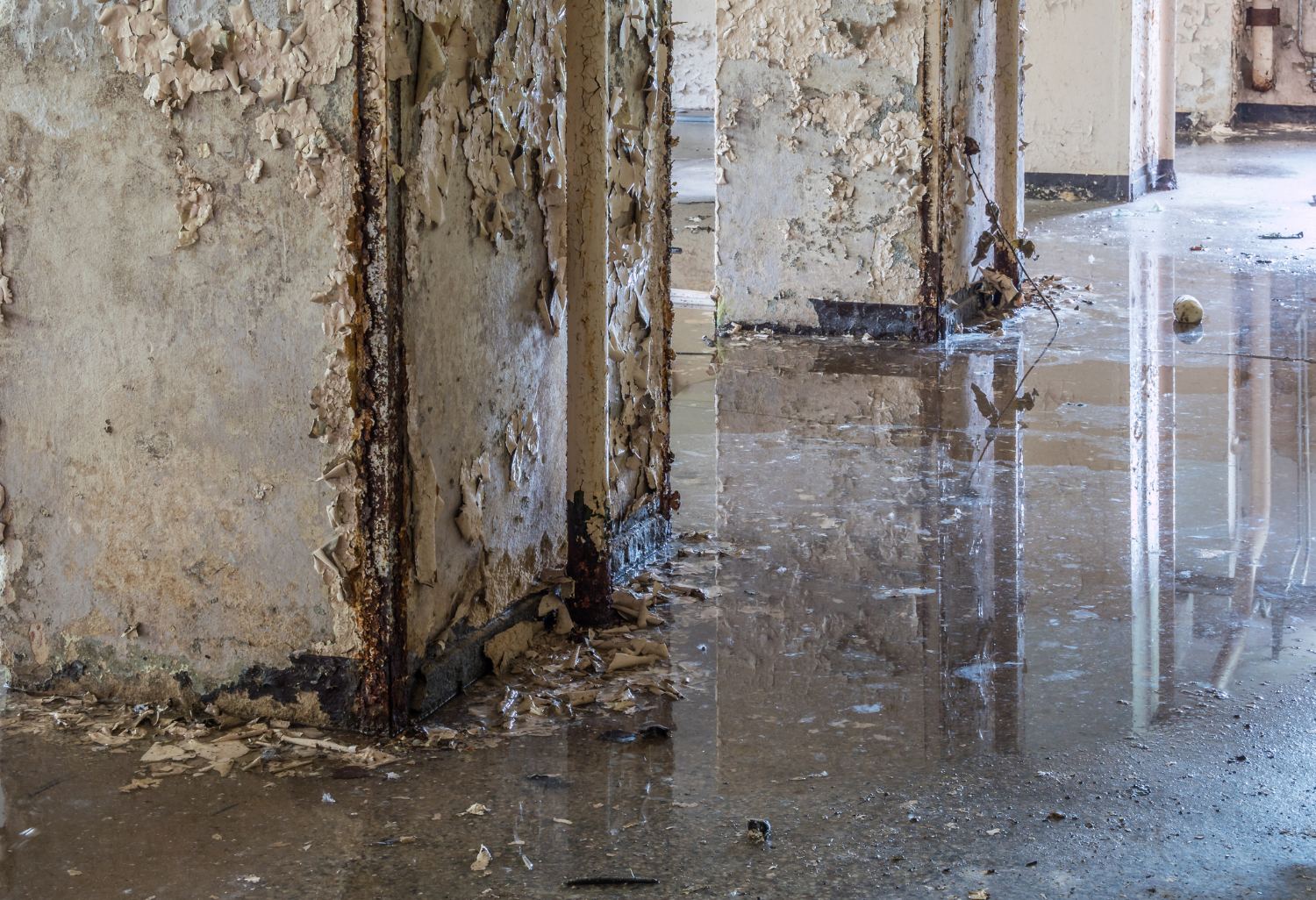 Water covers the floor after a flood with crumbling, peeling walls and exposed structural columns.