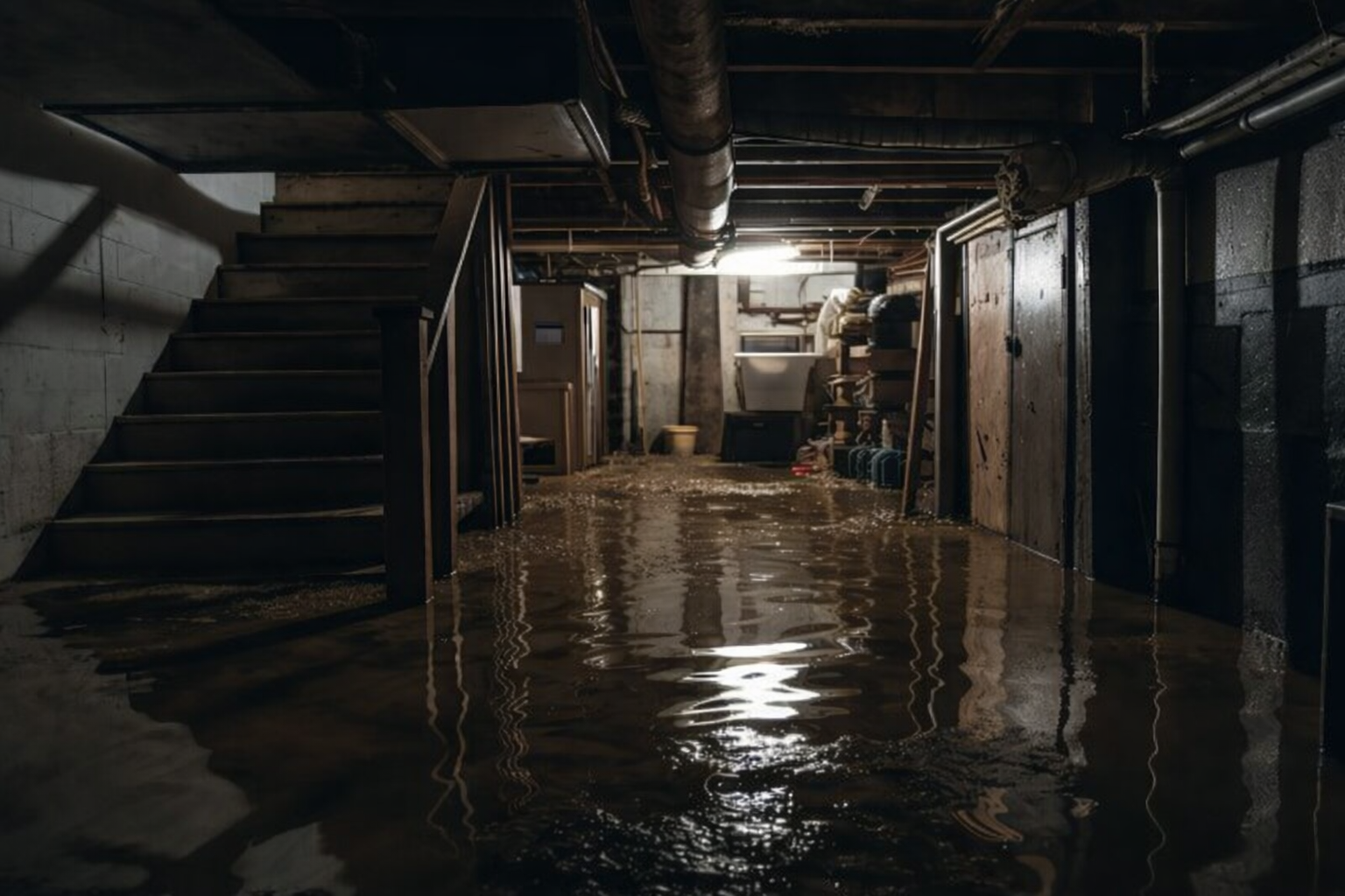 The underside of a mobile home structure featuring a metal frame, concrete piers, and ground covered by a vapor barrier.