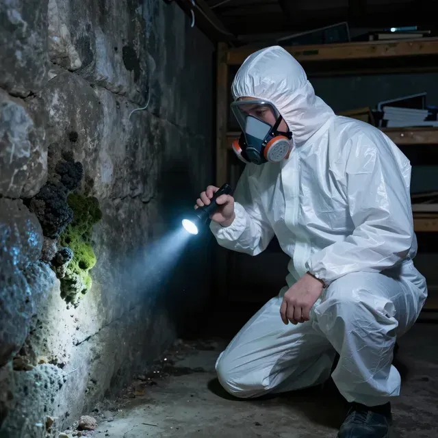 Professional mold remediation specialist inspecting a wall for hidden growth.