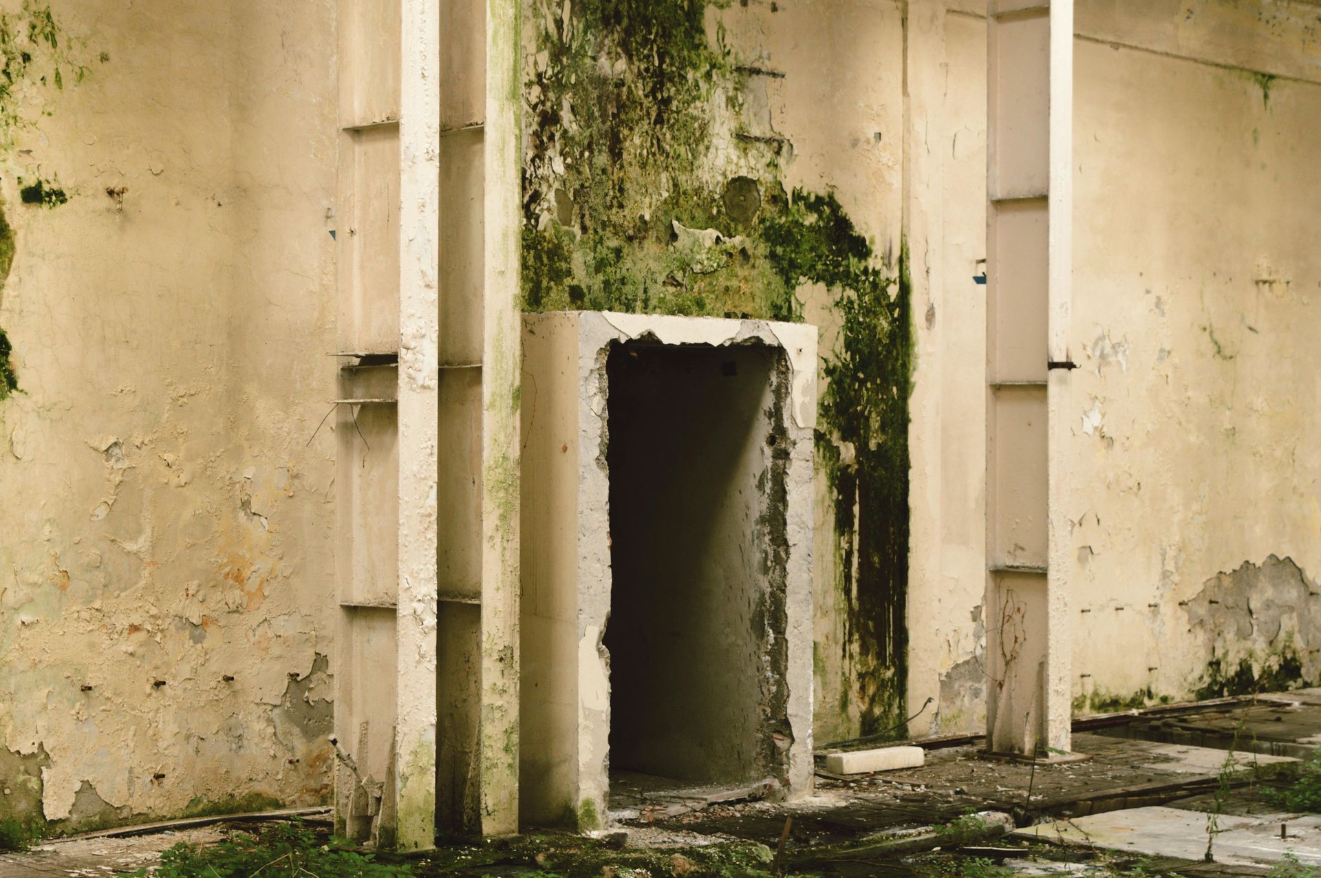 A weathered, pale beige building facade featuring a dark, open doorway and vertical pillars stained with green moss.